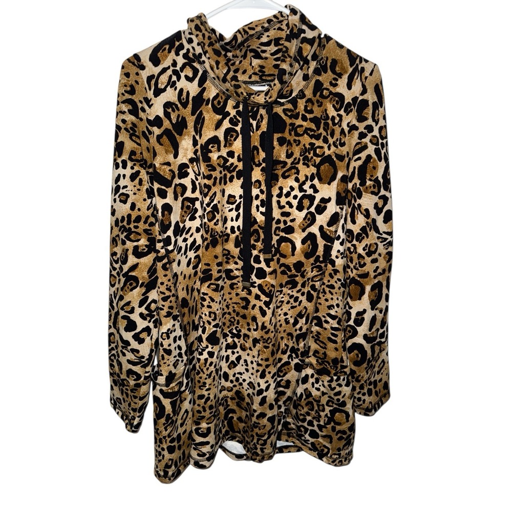 Susan Graver Weekend Tunic Womens Medium Brown Leopard Cowl Neck Top